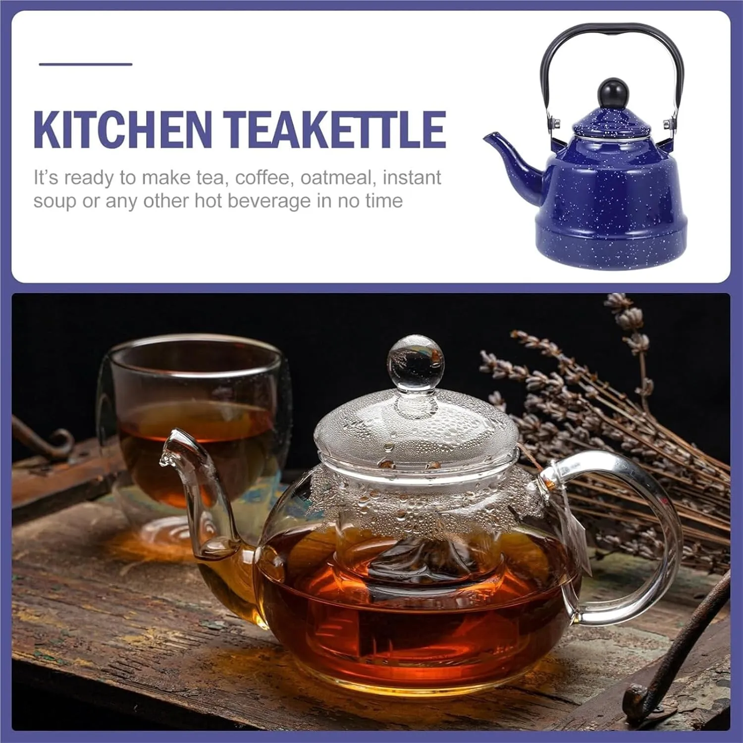 Classic Enamel Tea Pot for Stovetop, Vintage Tea Kettle with Dots Pattern, Even Heating & Quick Boil(9,2.5L)