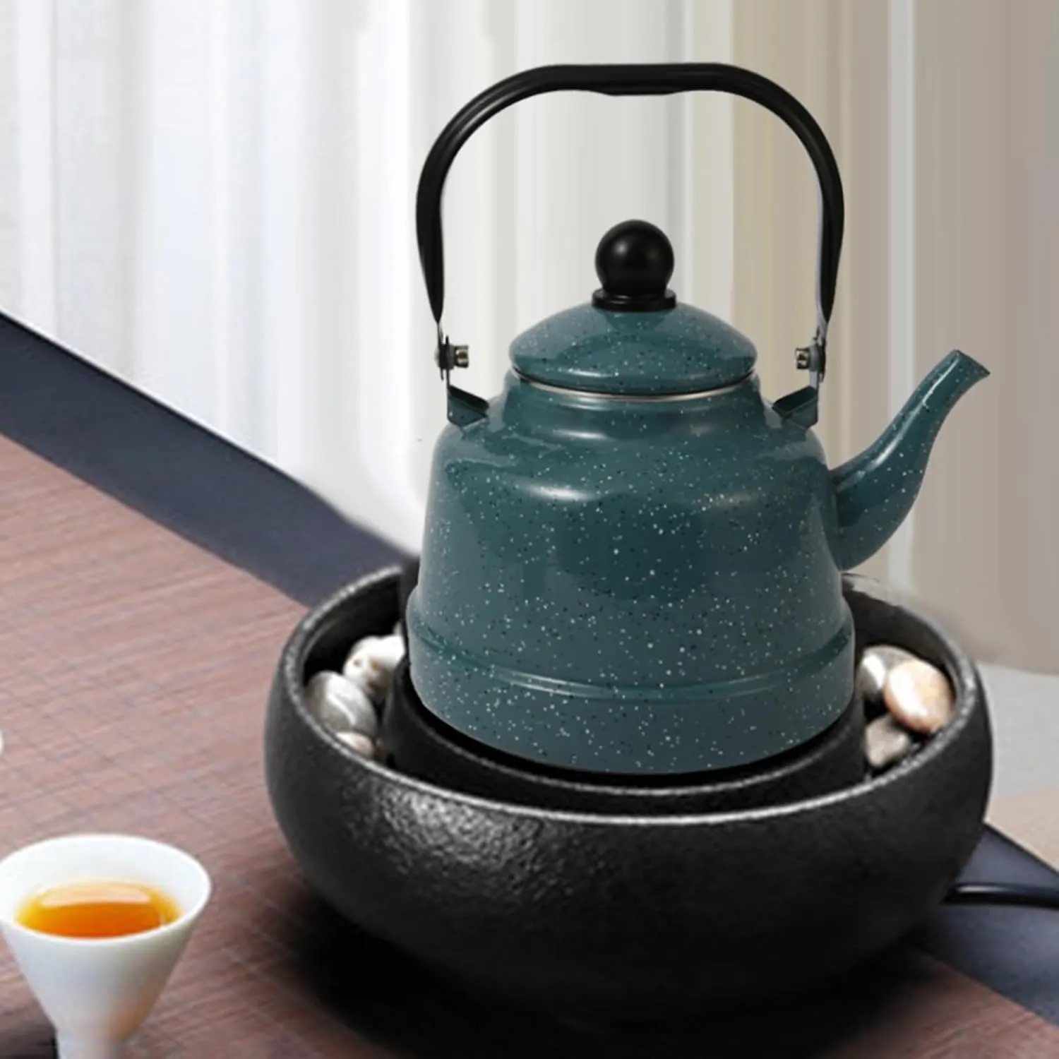 Classic Enamel Tea Pot for Stovetop, Vintage Tea Kettle with Dots Pattern, Even Heating & Quick Boil(9,2.5L)