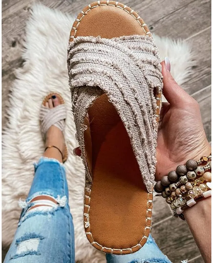 CLEO ESPADRILLE SLIDES- Womens Flat Slide Sandals Open Toe Espadrille Slip On Comfortable Cork leather Sandals