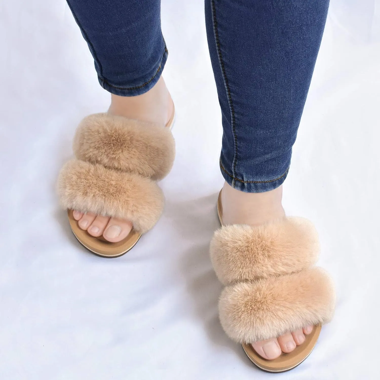 COFACE Fluff Womens Slippers Faux Fur Slip On Orthotic Slippers with Arch Support for Plantar Fasciitis Relief