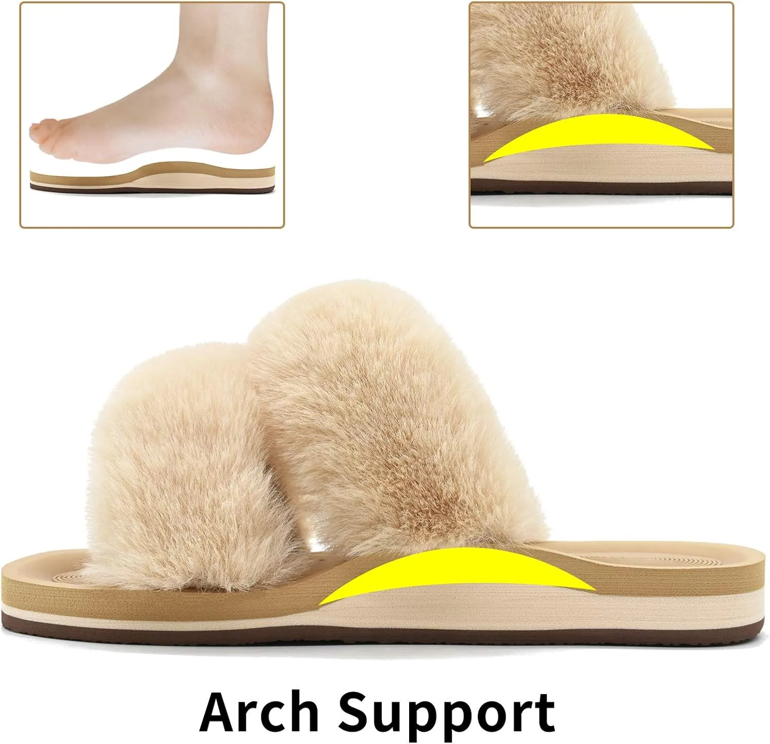 COFACE Fluff Womens Slippers Faux Fur Slip On Orthotic Slippers with Arch Support for Plantar Fasciitis Relief