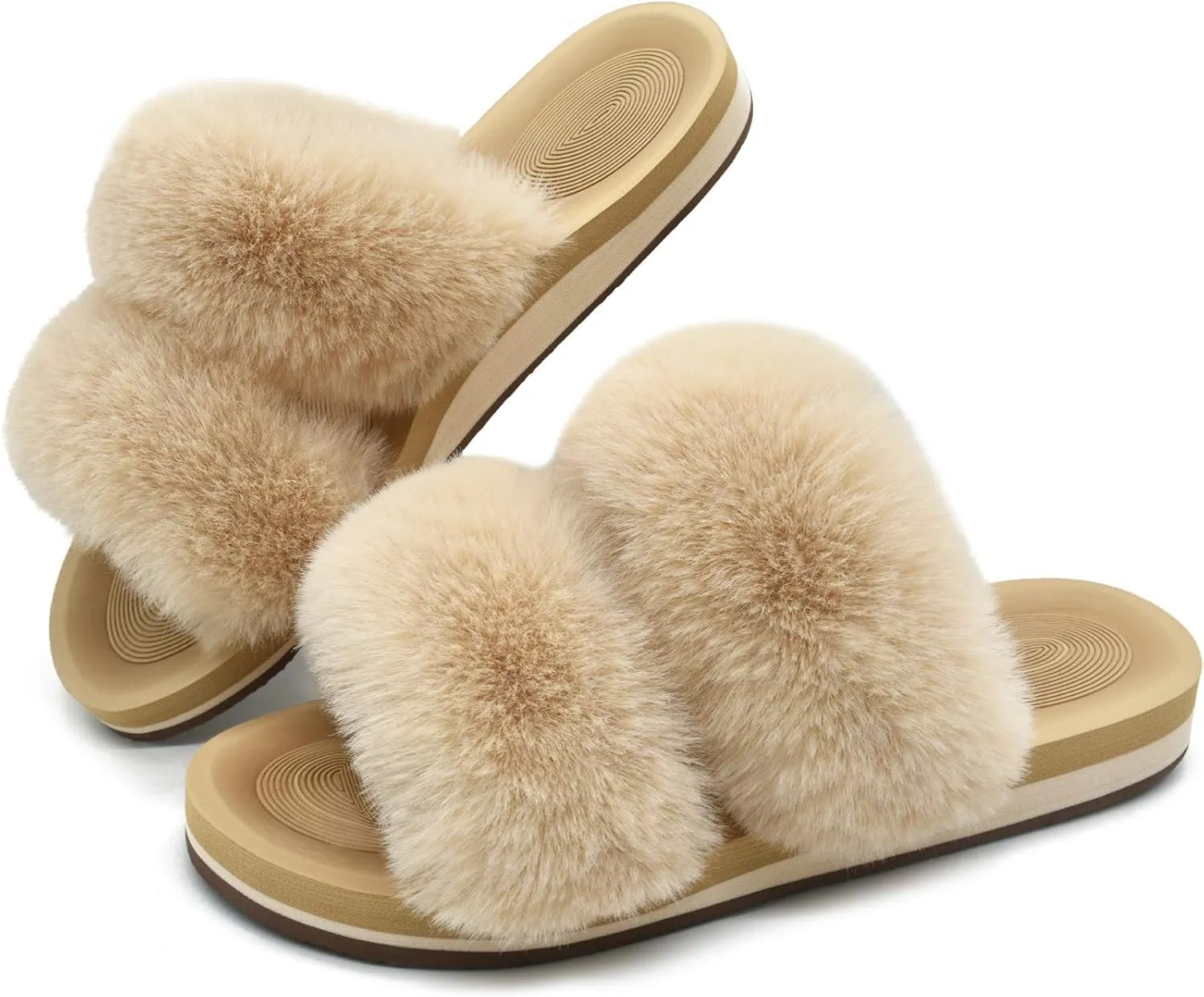 COFACE Fluff Womens Slippers Faux Fur Slip On Orthotic Slippers with Arch Support for Plantar Fasciitis Relief