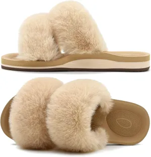 COFACE Fluff Womens Slippers Faux Fur Slip On Orthotic Slippers with Arch Support for Plantar Fasciitis Relief