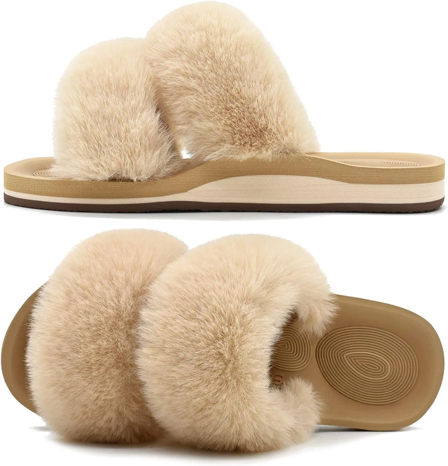 COFACE Fluff Womens Slippers Faux Fur Slip On Orthotic Slippers with Arch Support for Plantar Fasciitis Relief