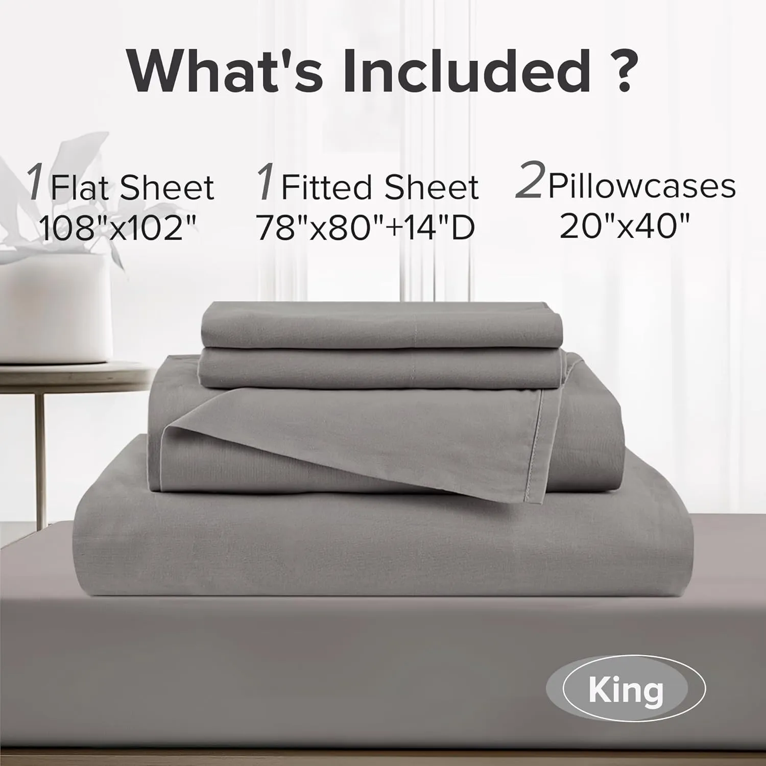 Comfort Spaces 100% Cotton Sheets King, Breathable & Ultra Soft Cotton Sheets, Naturally Cool Cotton Bed Sheets with 14" Elastic Pocket Fits up to 16" Mattress, All Season Sheet Set, Dark Gray 4 Piece