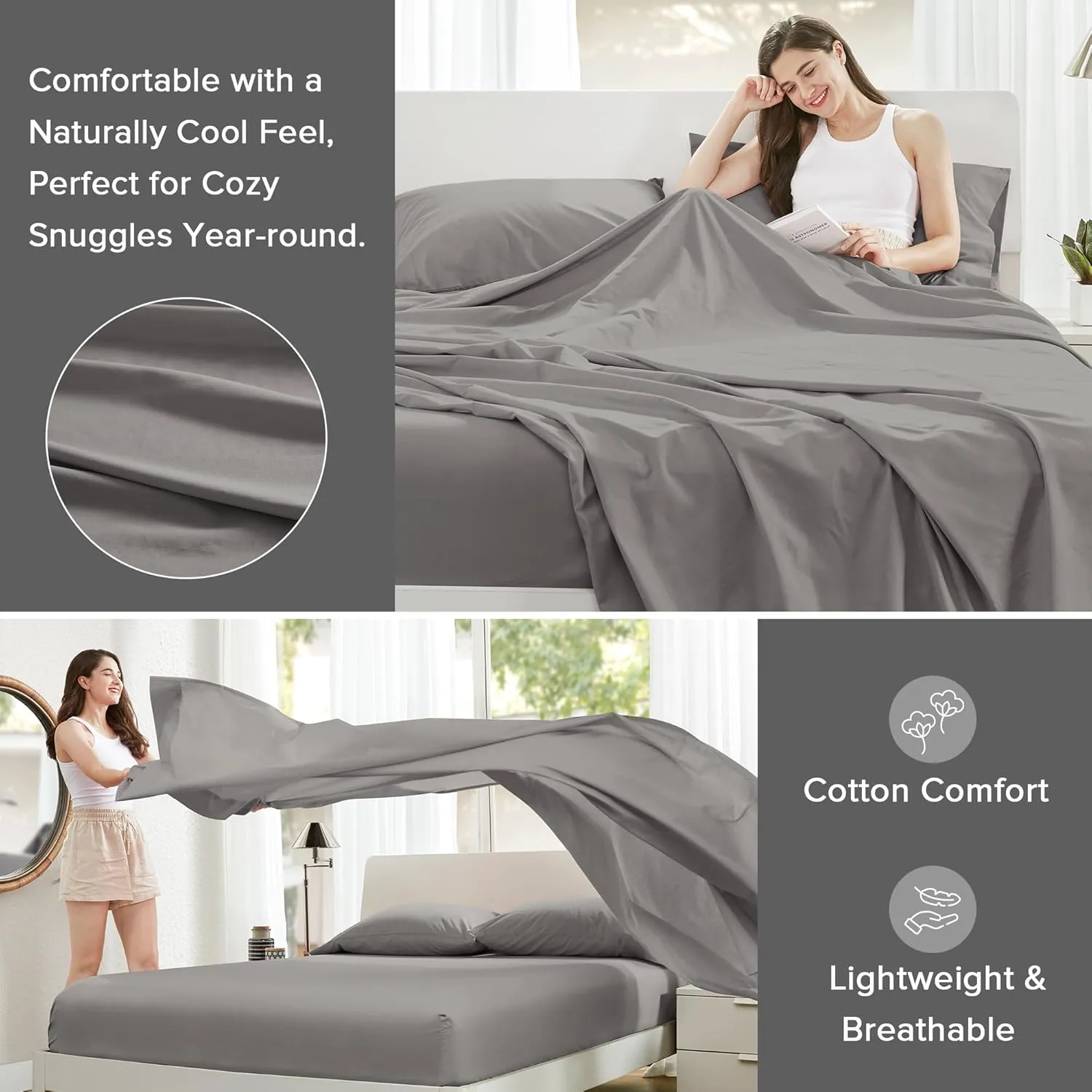 Comfort Spaces 100% Cotton Sheets King, Breathable & Ultra Soft Cotton Sheets, Naturally Cool Cotton Bed Sheets with 14" Elastic Pocket Fits up to 16" Mattress, All Season Sheet Set, Dark Gray 4 Piece