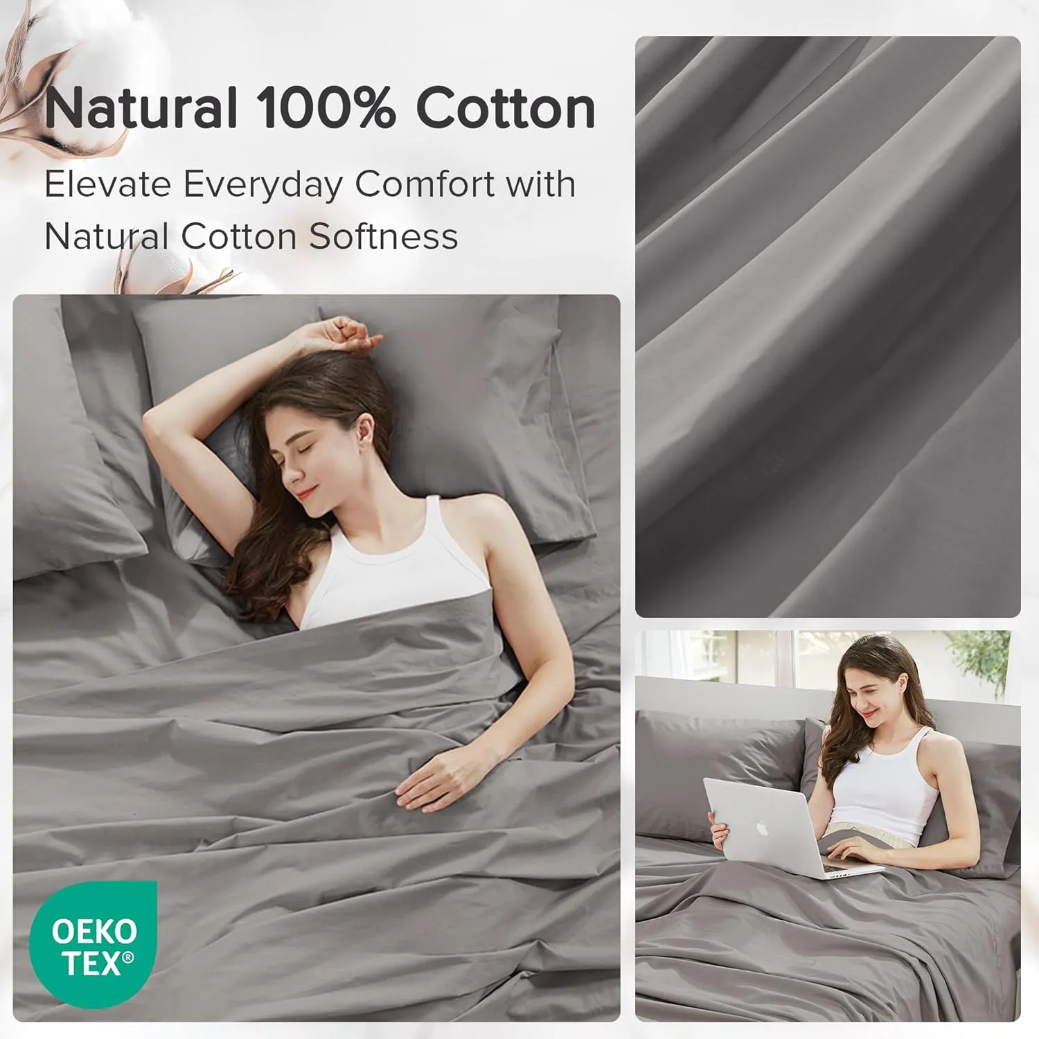 Comfort Spaces 100% Cotton Sheets King, Breathable & Ultra Soft Cotton Sheets, Naturally Cool Cotton Bed Sheets with 14" Elastic Pocket Fits up to 16" Mattress, All Season Sheet Set, Dark Gray 4 Piece