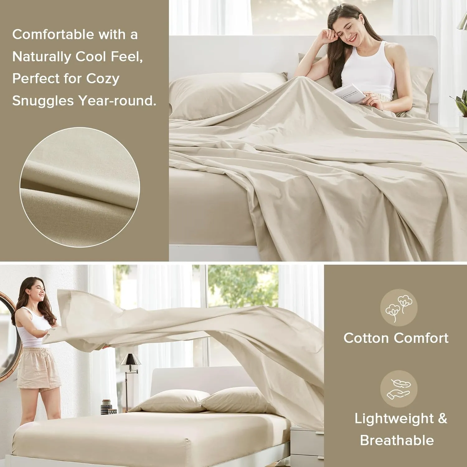 Comfort Spaces 100% Cotton Sheets King, Breathable & Ultra Soft Cotton Sheets, Naturally Cool Cotton Bed Sheets with 14" Elastic Pocket Fits up to 16" Mattress, All Seasons Sheet Set, Cream 4 Piece