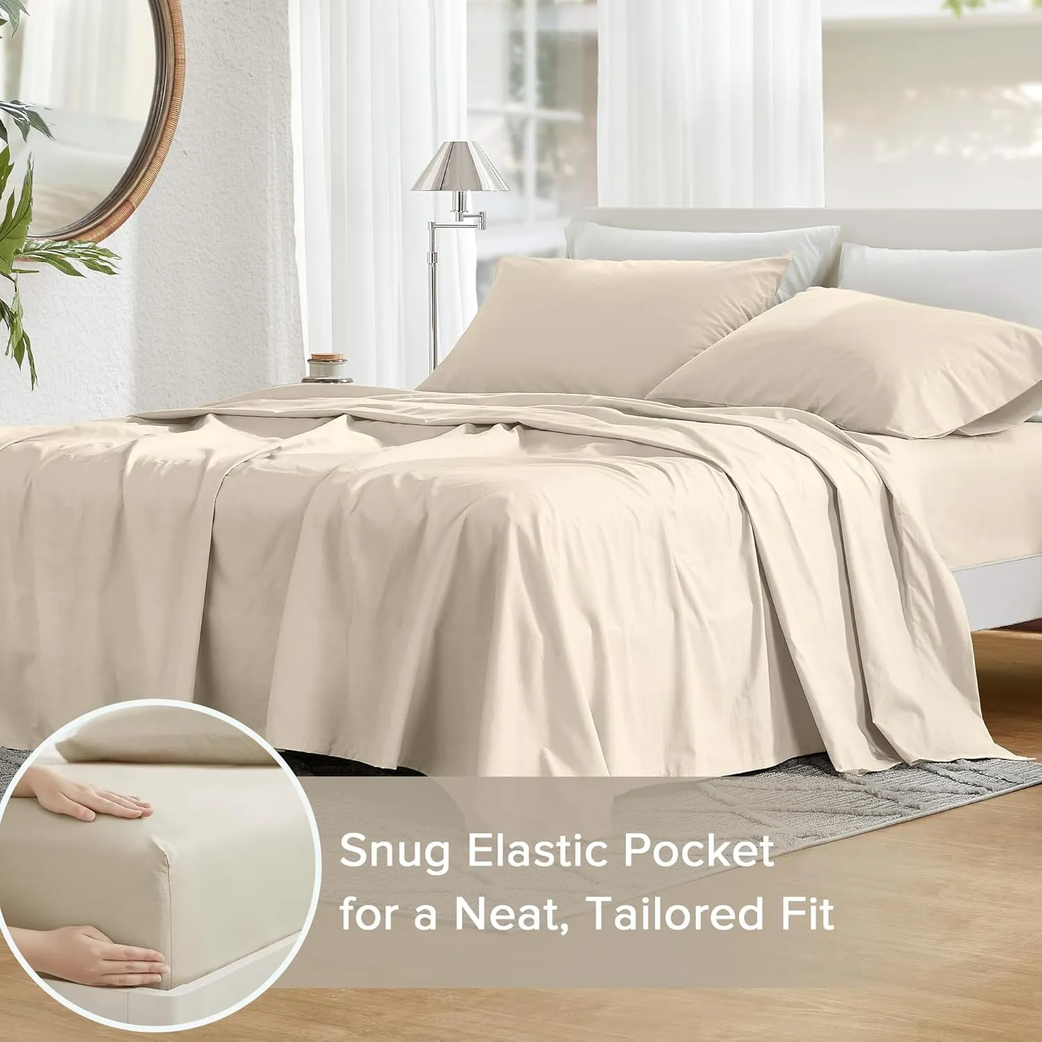 Comfort Spaces 100% Cotton Sheets King, Breathable & Ultra Soft Cotton Sheets, Naturally Cool Cotton Bed Sheets with 14" Elastic Pocket Fits up to 16" Mattress, All Seasons Sheet Set, Cream 4 Piece