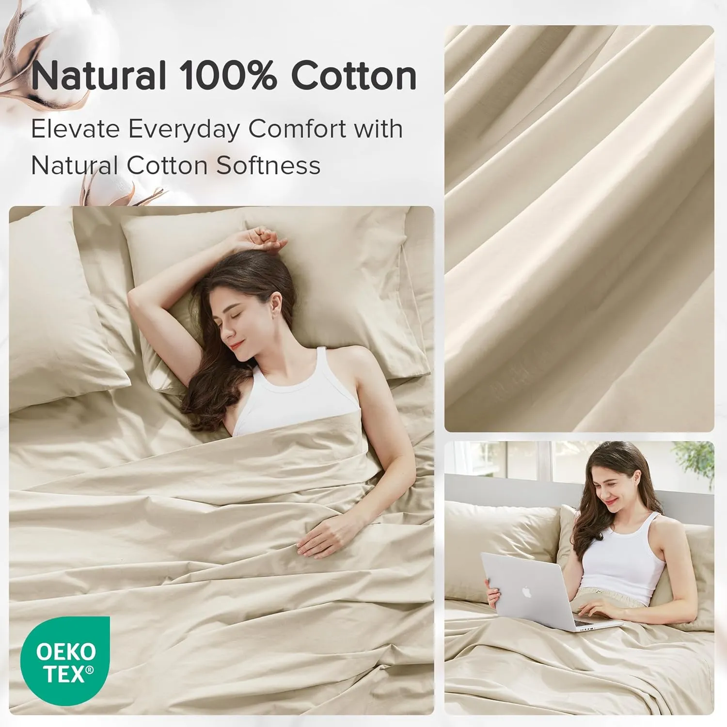 Comfort Spaces 100% Cotton Sheets King, Breathable & Ultra Soft Cotton Sheets, Naturally Cool Cotton Bed Sheets with 14" Elastic Pocket Fits up to 16" Mattress, All Seasons Sheet Set, Cream 4 Piece