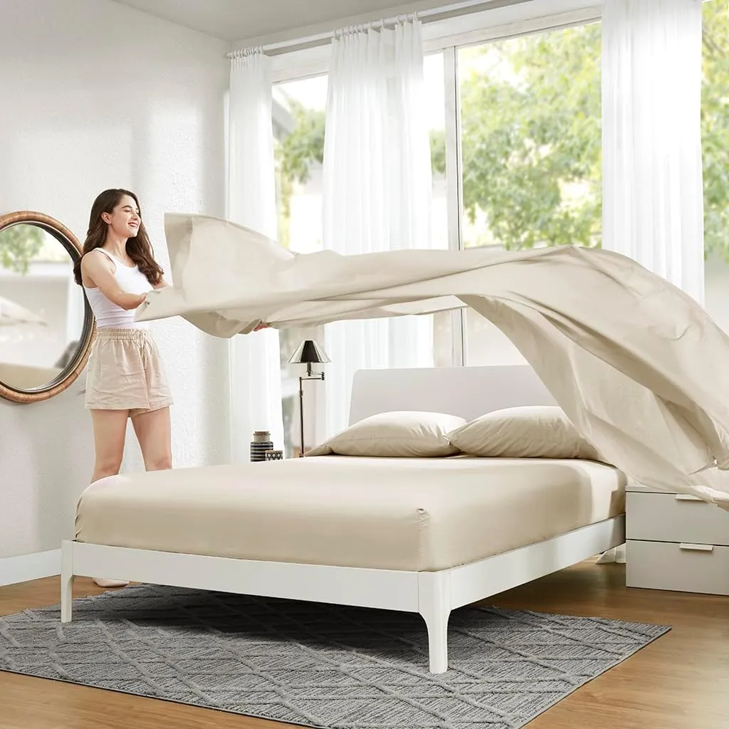 Comfort Spaces 100% Cotton Sheets King, Breathable & Ultra Soft Cotton Sheets, Naturally Cool Cotton Bed Sheets with 14" Elastic Pocket Fits up to 16" Mattress, All Seasons Sheet Set, Cream 4 Piece