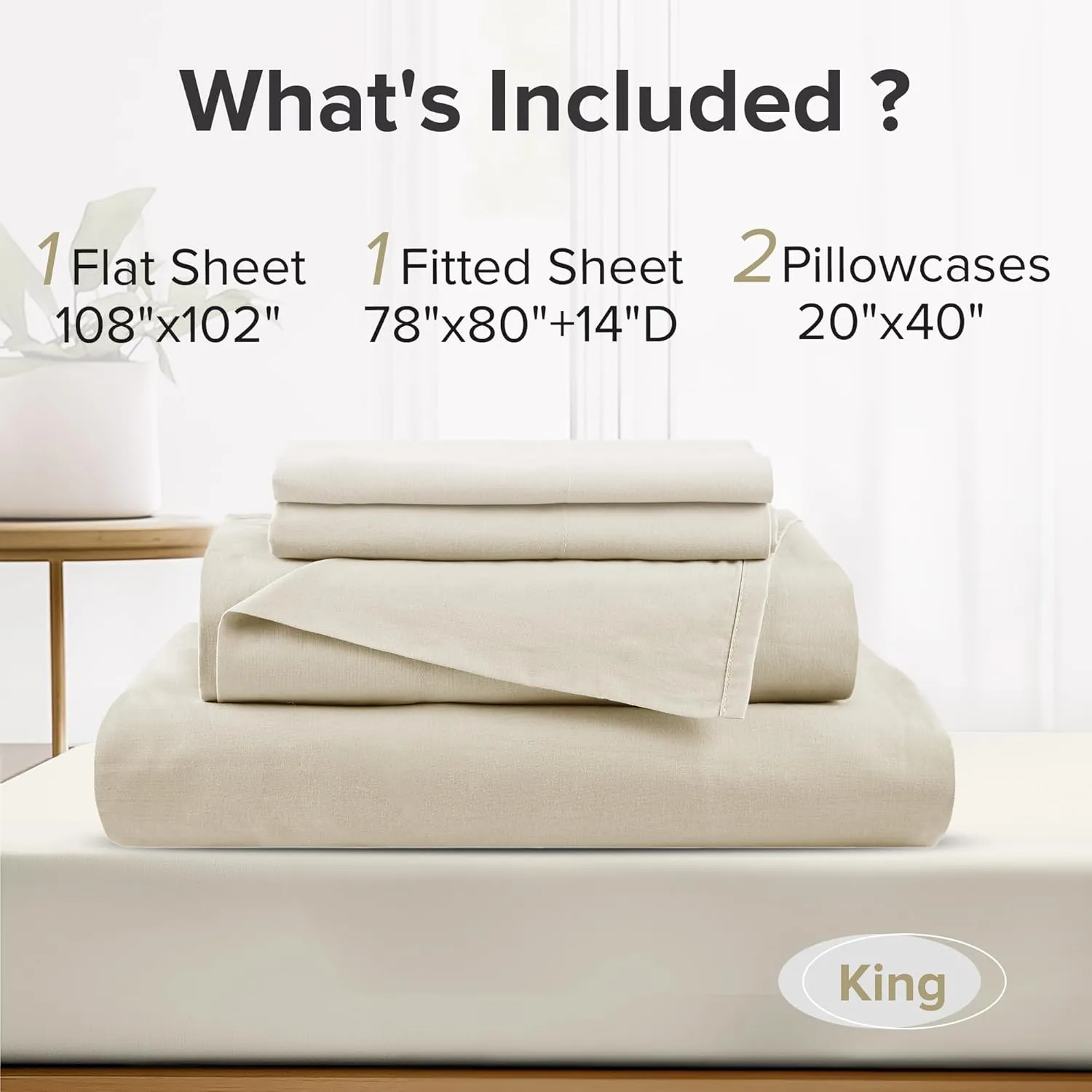 Comfort Spaces 100% Cotton Sheets King, Breathable & Ultra Soft Cotton Sheets, Naturally Cool Cotton Bed Sheets with 14" Elastic Pocket Fits up to 16" Mattress, All Seasons Sheet Set, Cream 4 Piece