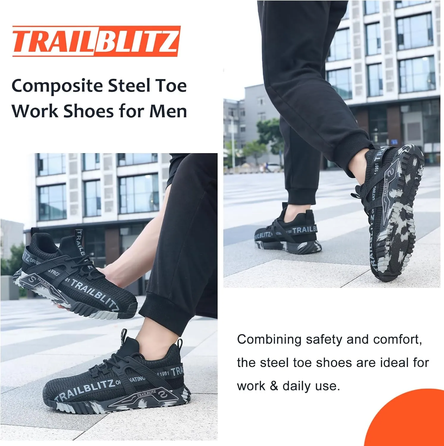 Composite Steel Toe Shoes for Men Work Safety Sneakers Non Slip Comfortable Lightweight Breathable Mens Hard Toe Industrial Construction Tennis Slip On Footwear