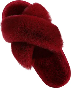 Comwarm Women's Cross Band Fuzzy Slippers Fluffy Open Toe House Slippers Cozy Plush Bedroom Shoes Indoor Outdoor
