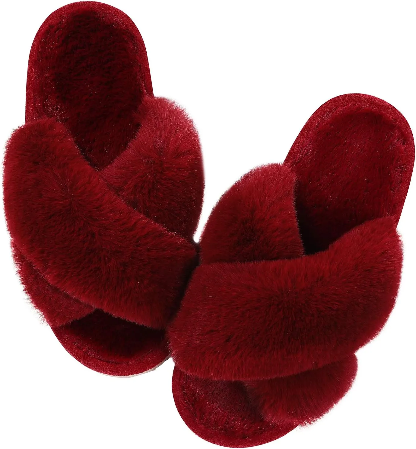 Comwarm Women's Cross Band Fuzzy Slippers Fluffy Open Toe House Slippers Cozy Plush Bedroom Shoes Indoor Outdoor