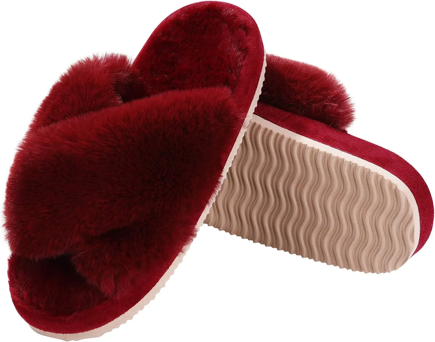 Comwarm Women's Cross Band Fuzzy Slippers Fluffy Open Toe House Slippers Cozy Plush Bedroom Shoes Indoor Outdoor