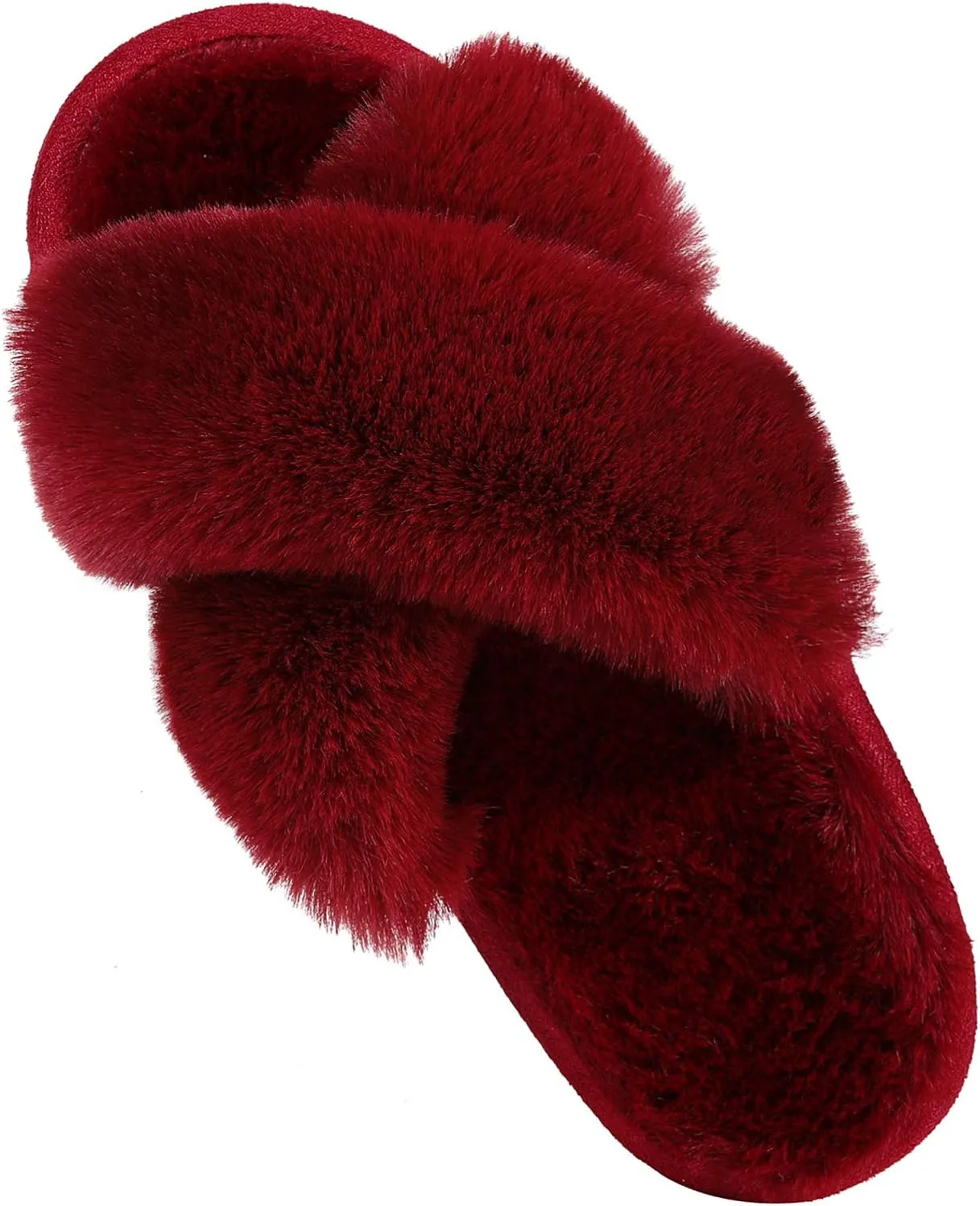 Comwarm Women's Cross Band Fuzzy Slippers Fluffy Open Toe House Slippers Cozy Plush Bedroom Shoes Indoor Outdoor