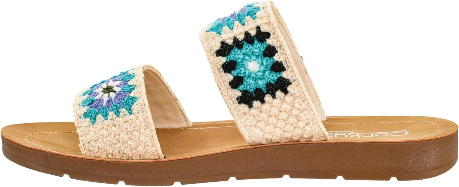 Corkys Footwear Toodles Double Strap Sandal - Featuring Two Colorful Crocheted Straps, A Comfy and Cushioned Insole, Easy and Convenient Slip-On design
