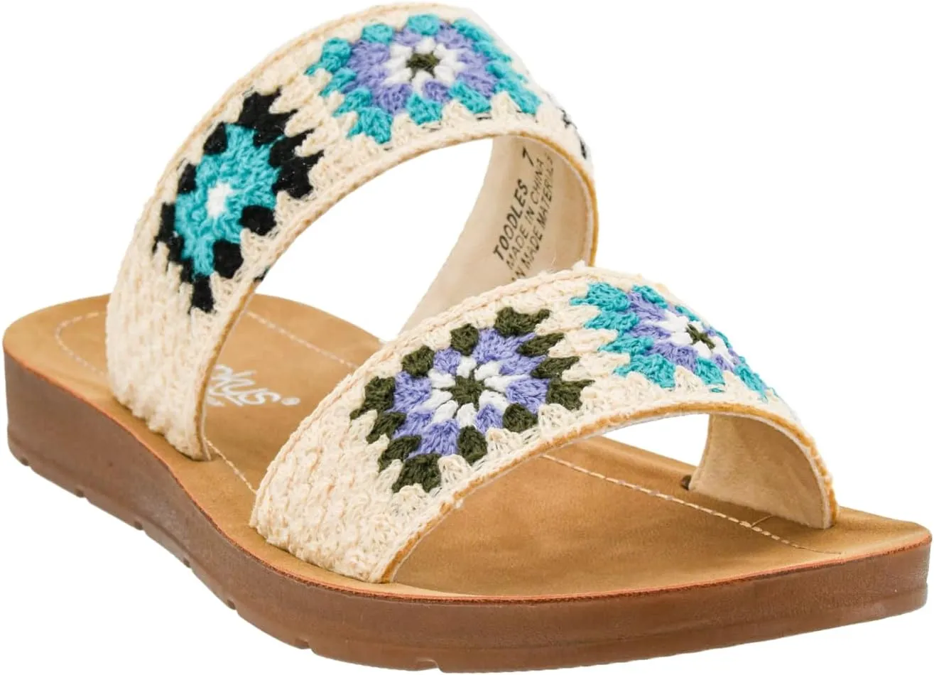 Corkys Footwear Toodles Double Strap Sandal - Featuring Two Colorful Crocheted Straps, A Comfy and Cushioned Insole, Easy and Convenient Slip-On design