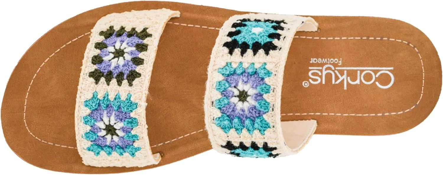 Corkys Footwear Toodles Double Strap Sandal - Featuring Two Colorful Crocheted Straps, A Comfy and Cushioned Insole, Easy and Convenient Slip-On design