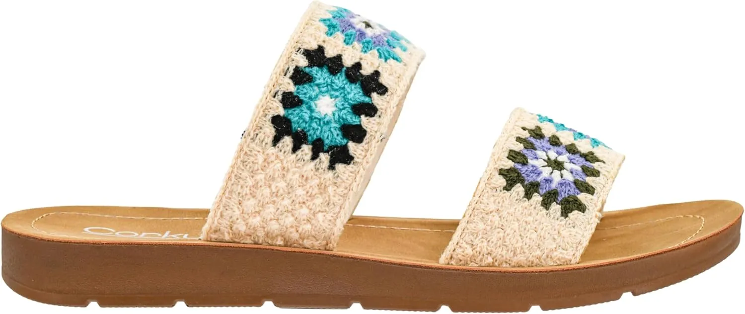 Corkys Footwear Toodles Double Strap Sandal - Featuring Two Colorful Crocheted Straps, A Comfy and Cushioned Insole, Easy and Convenient Slip-On design