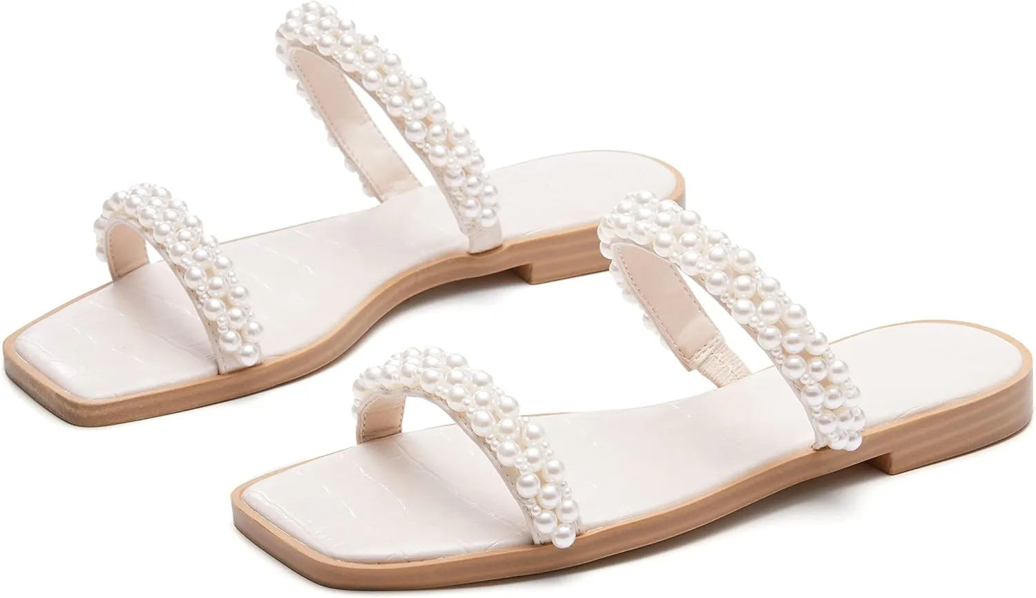 Coutgo Womens Flat Sandals Square Open Toe Pearl Two Strap Slip On Beach Slide Dressy Sandal