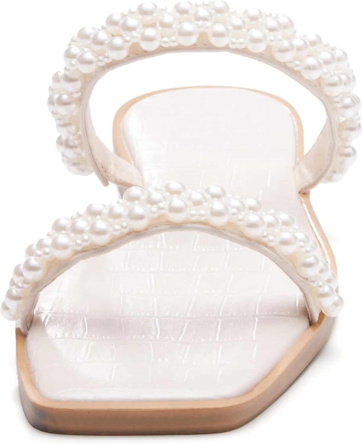 Coutgo Womens Flat Sandals Square Open Toe Pearl Two Strap Slip On Beach Slide Dressy Sandal