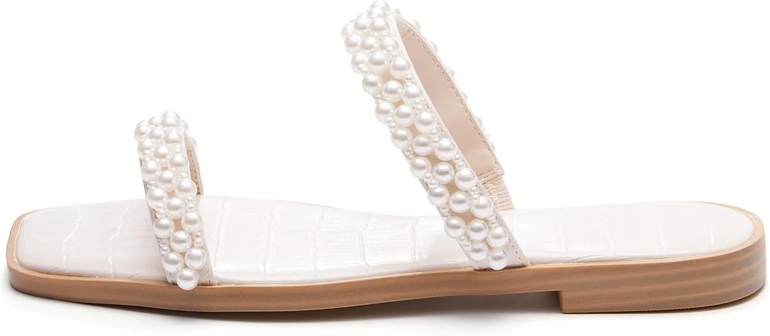 Coutgo Womens Flat Sandals Square Open Toe Pearl Two Strap Slip On Beach Slide Dressy Sandal