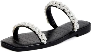 Coutgo Womens Flat Sandals Square Open Toe Pearl Two Strap Slip On Beach Slide Dressy Sandal