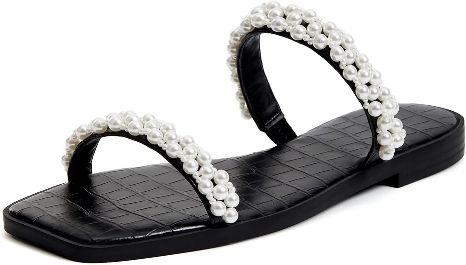 Coutgo Womens Flat Sandals Square Open Toe Pearl Two Strap Slip On Beach Slide Dressy Sandal