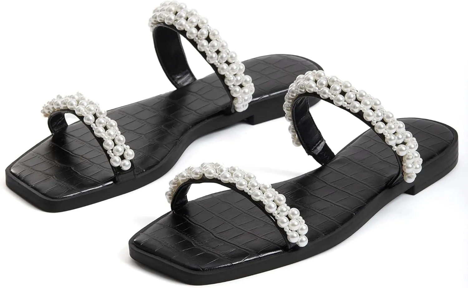 Coutgo Womens Flat Sandals Square Open Toe Pearl Two Strap Slip On Beach Slide Dressy Sandal