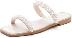 Coutgo Womens Flat Sandals Square Open Toe Pearl Two Strap Slip On Beach Slide Dressy Sandal