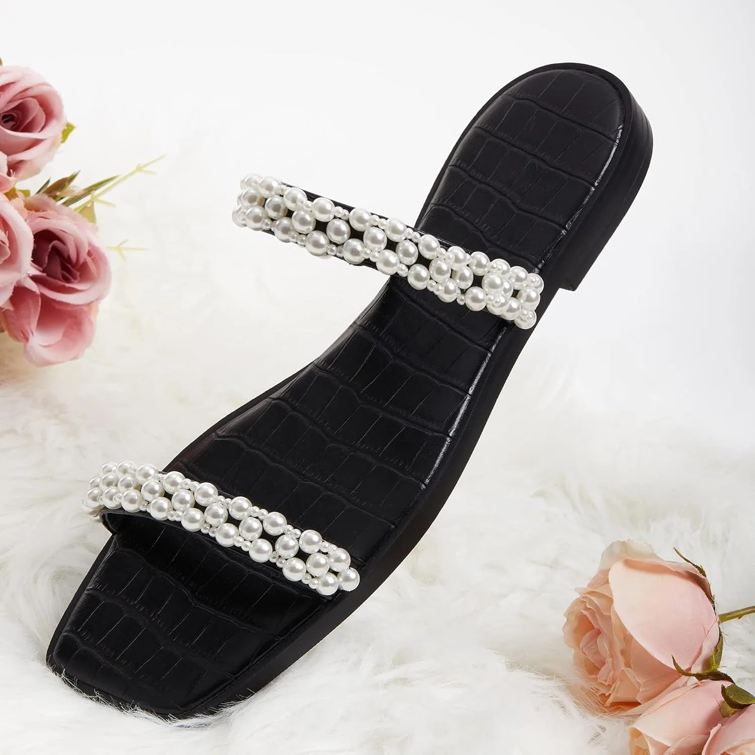 Coutgo Womens Flat Sandals Square Open Toe Pearl Two Strap Slip On Beach Slide Dressy Sandal