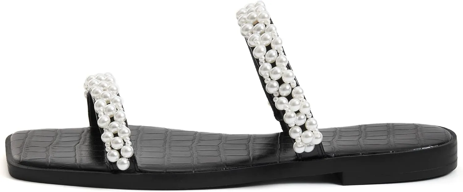 Coutgo Womens Flat Sandals Square Open Toe Pearl Two Strap Slip On Beach Slide Dressy Sandal