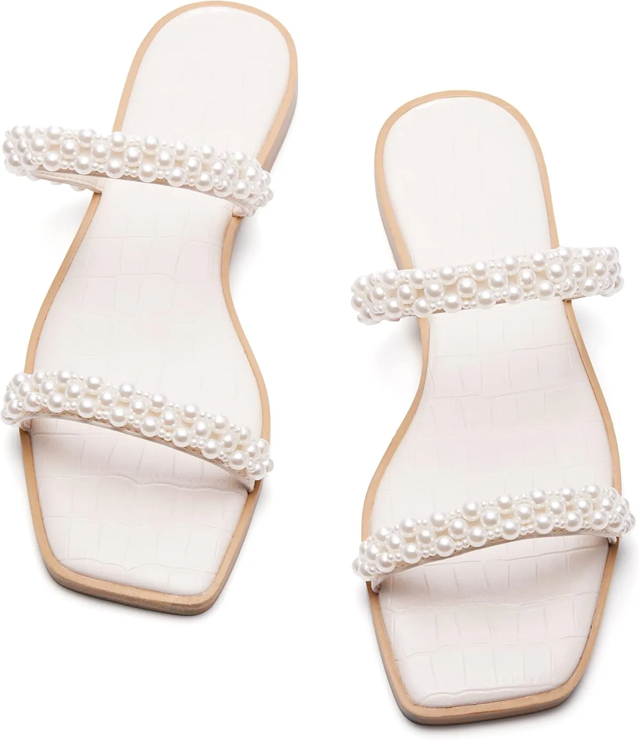 Coutgo Womens Flat Sandals Square Open Toe Pearl Two Strap Slip On Beach Slide Dressy Sandal