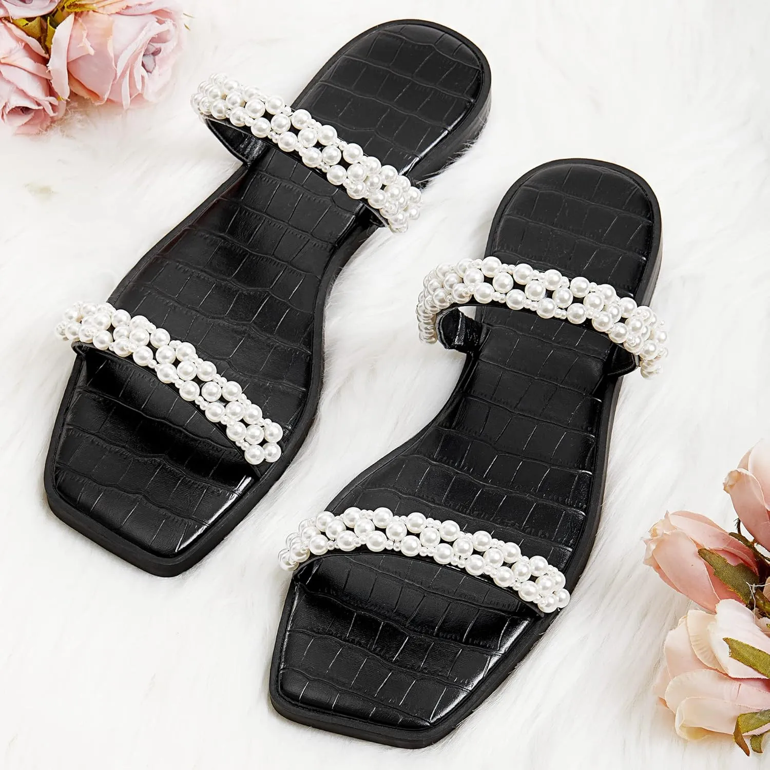 Coutgo Womens Flat Sandals Square Open Toe Pearl Two Strap Slip On Beach Slide Dressy Sandal