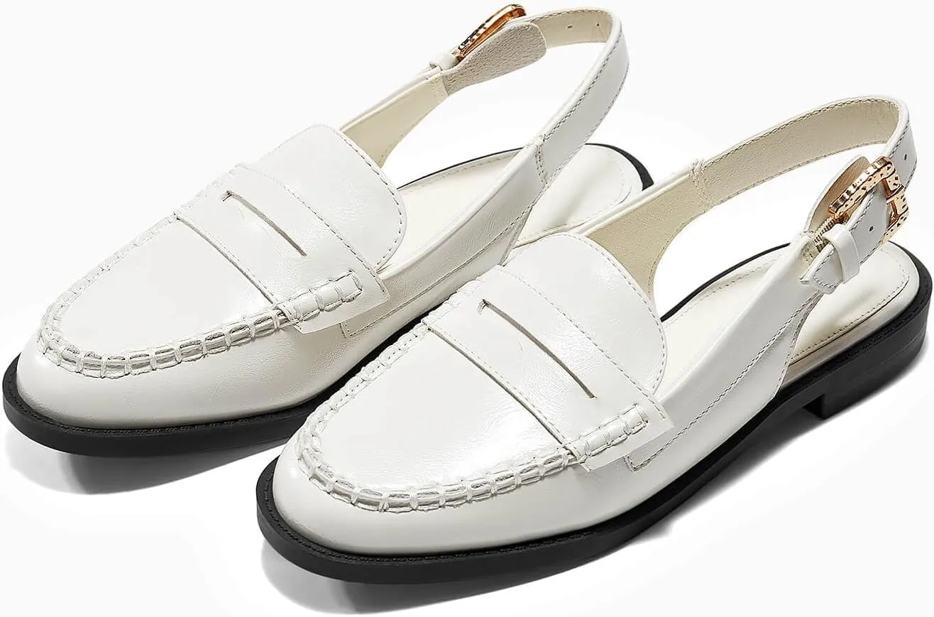 Coutgo Women's Slingback Loafers Comfortable Pointed Toe Chunky Low Heel Adjustable Buckle Strap Flat Shoes