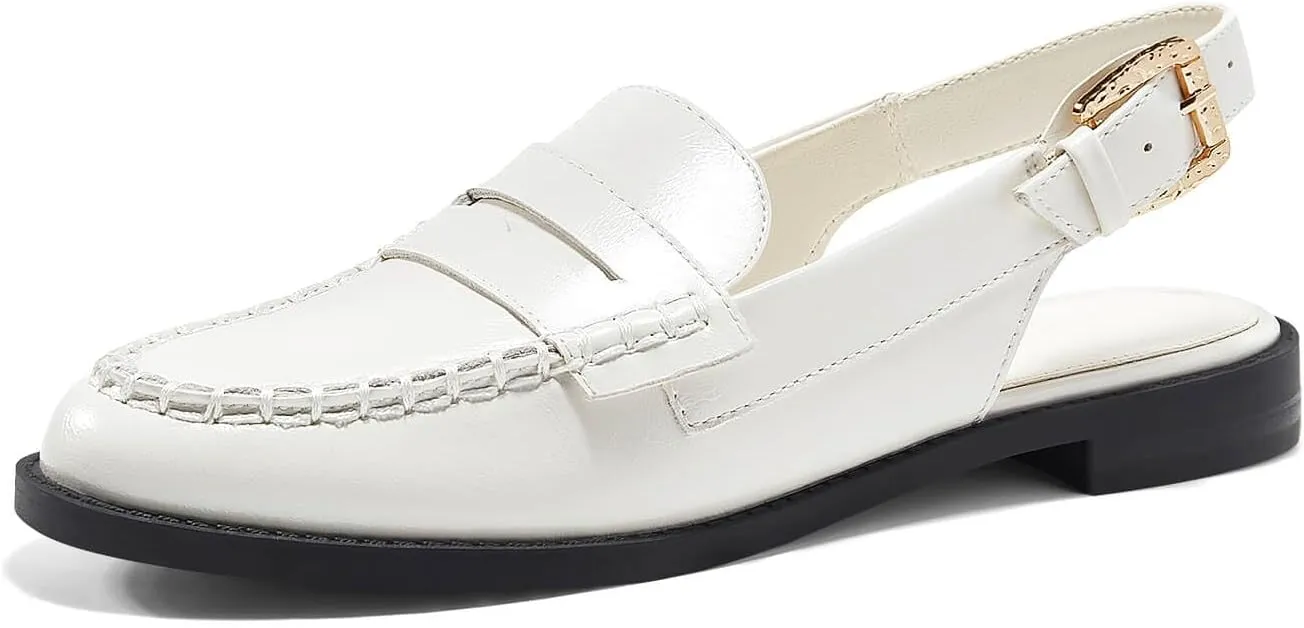 Coutgo Women's Slingback Loafers Comfortable Pointed Toe Chunky Low Heel Adjustable Buckle Strap Flat Shoes