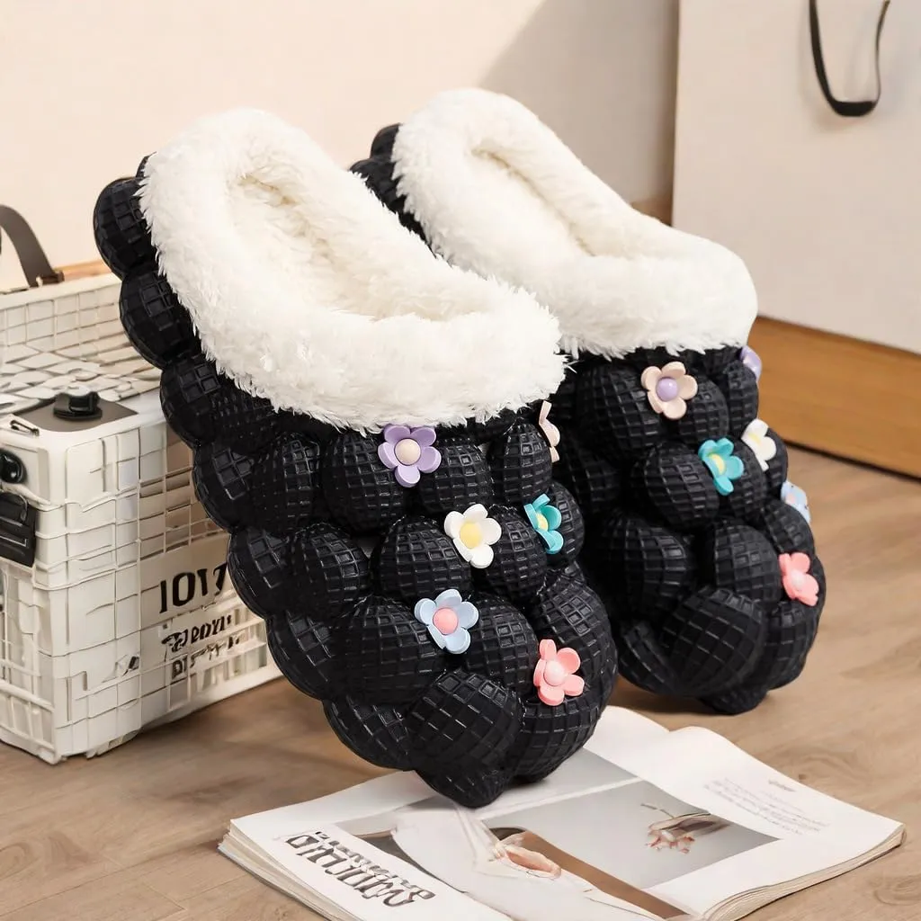 Cozy Plush Lined Bubble Slippers for Women - Cute Decor, Closed Toe, Fuzzy Shoes for Warm Winter Comfort