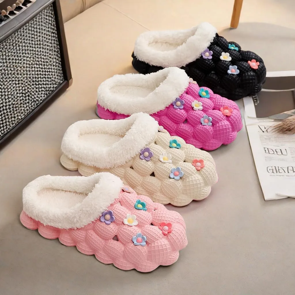 Cozy Plush Lined Bubble Slippers for Women - Cute Decor, Closed Toe, Fuzzy Shoes for Warm Winter Comfort