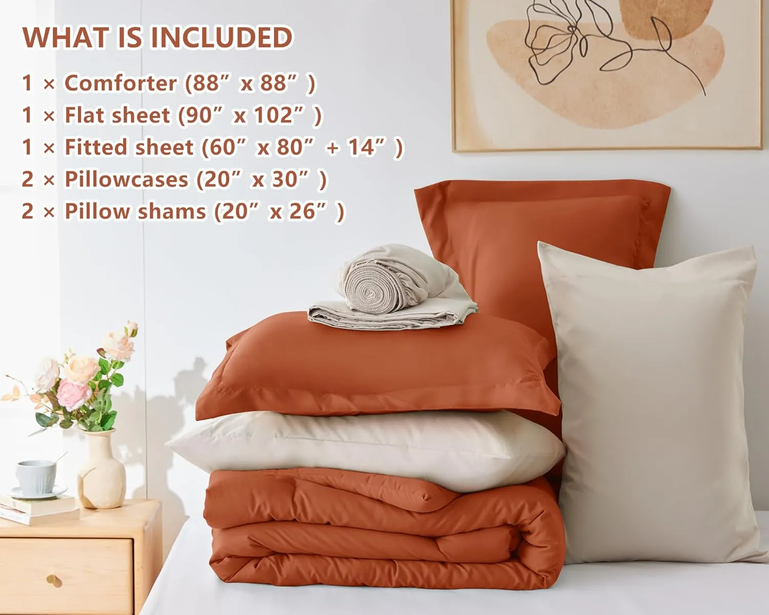 CozyLux Burnt Orange Comforter Set Queen 7 Pieces Bedding Set Queen Bed in a Bag with Comforter, Flat Sheets, Fitted Sheet, Pillowcases & Shams, Bed Set Queen Boho Contrasting Design Orange and Beige