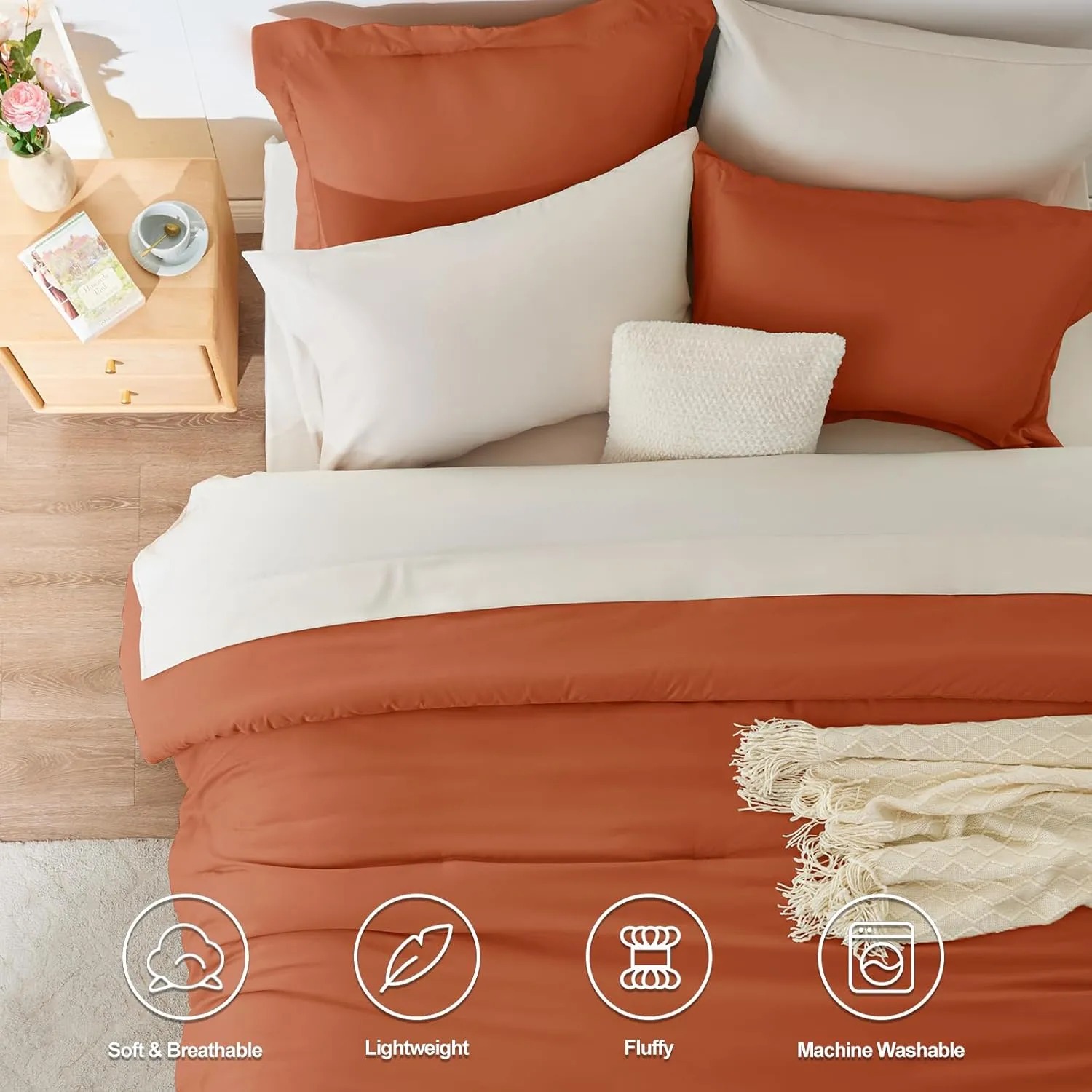 CozyLux Burnt Orange Comforter Set Queen 7 Pieces Bedding Set Queen Bed in a Bag with Comforter, Flat Sheets, Fitted Sheet, Pillowcases & Shams, Bed Set Queen Boho Contrasting Design Orange and Beige