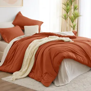 CozyLux Burnt Orange Comforter Set Queen 7 Pieces Bedding Set Queen Bed in a Bag with Comforter, Flat Sheets, Fitted Sheet, Pillowcases & Shams, Bed Set Queen Boho Contrasting Design Orange and Beige