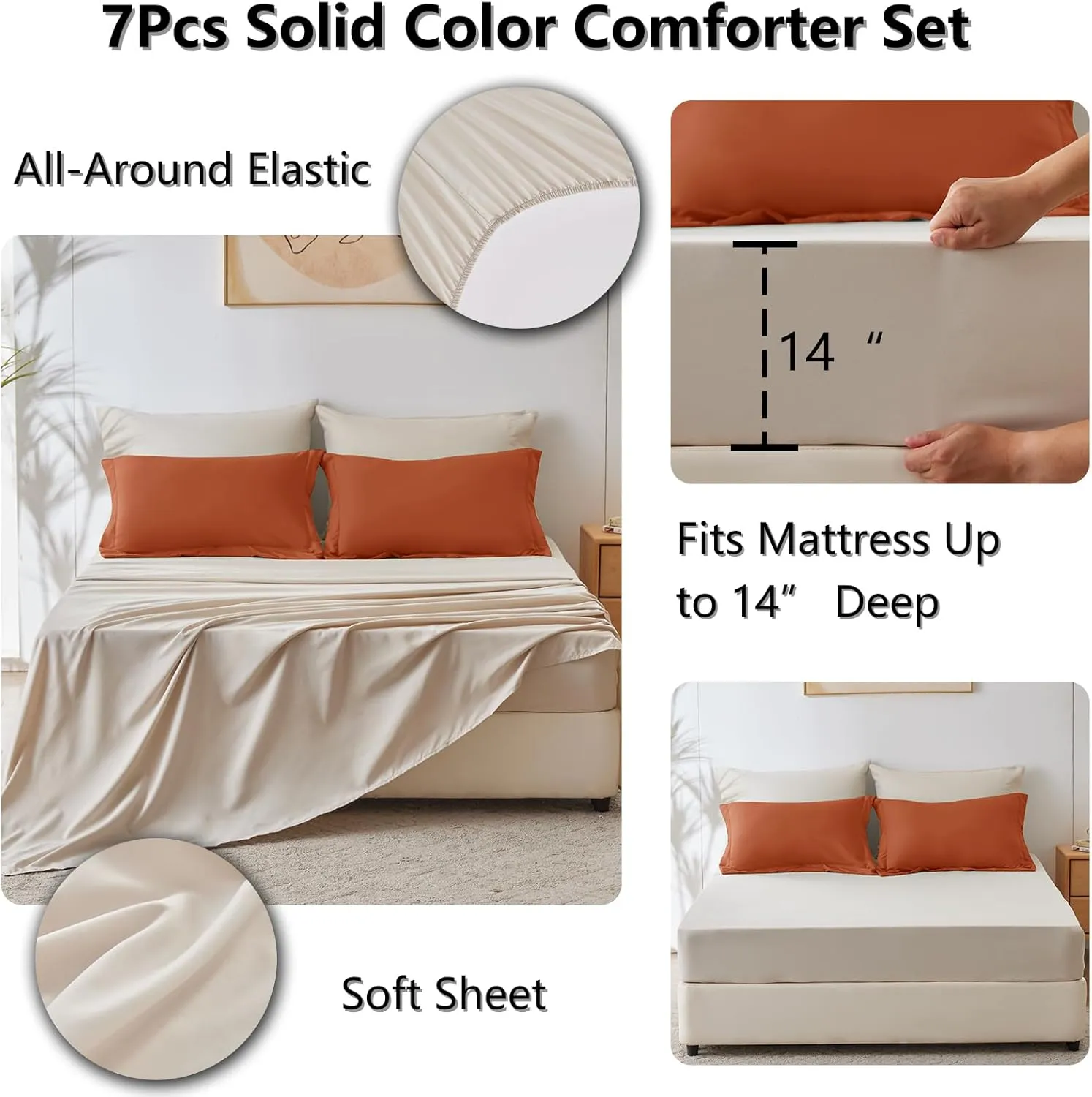 CozyLux Burnt Orange Comforter Set Queen 7 Pieces Bedding Set Queen Bed in a Bag with Comforter, Flat Sheets, Fitted Sheet, Pillowcases & Shams, Bed Set Queen Boho Contrasting Design Orange and Beige