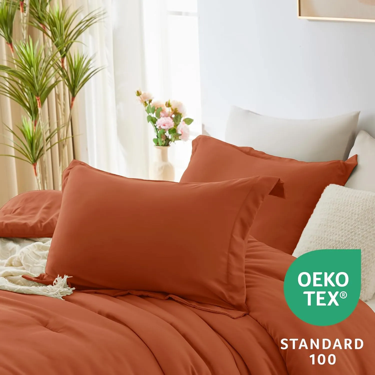 CozyLux Burnt Orange Comforter Set Queen 7 Pieces Bedding Set Queen Bed in a Bag with Comforter, Flat Sheets, Fitted Sheet, Pillowcases & Shams, Bed Set Queen Boho Contrasting Design Orange and Beige
