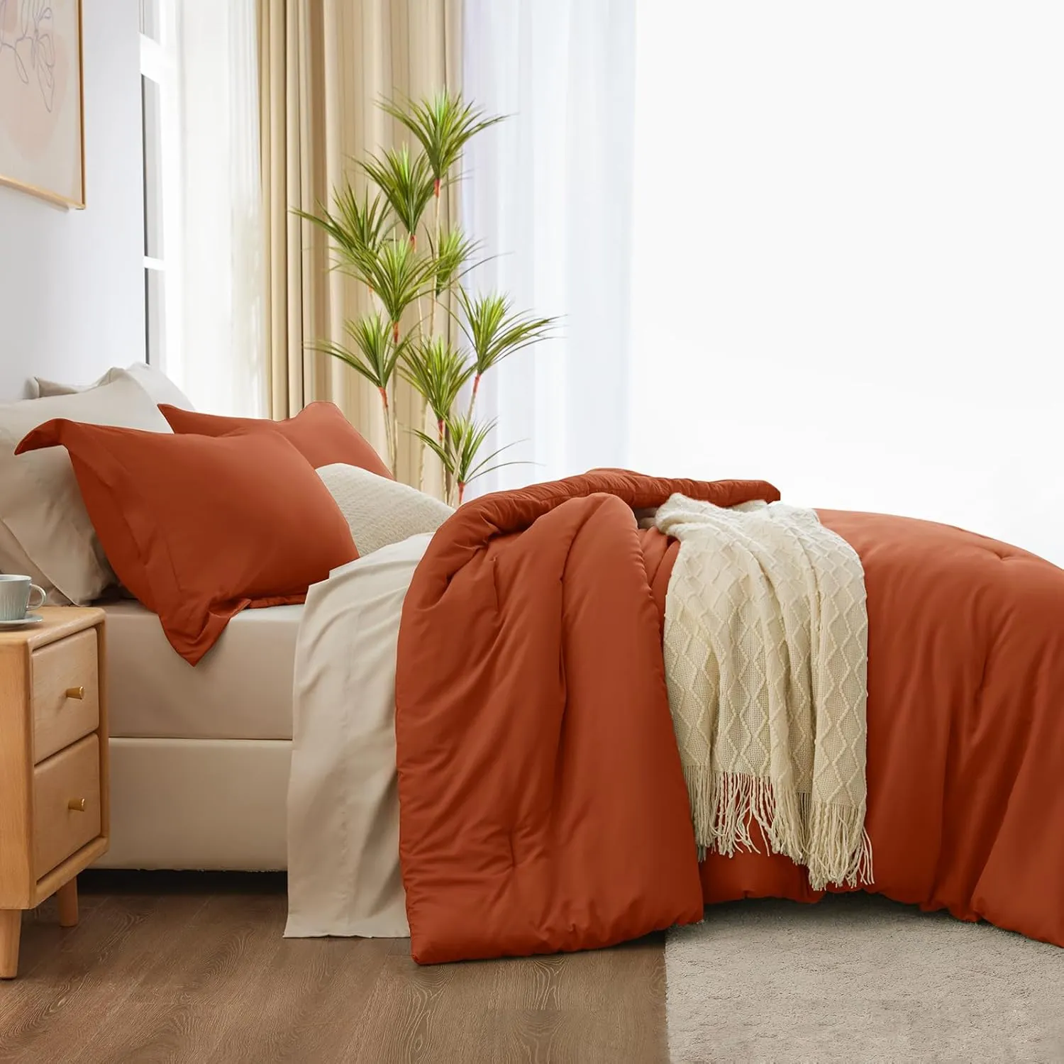 CozyLux Burnt Orange Comforter Set Queen 7 Pieces Bedding Set Queen Bed in a Bag with Comforter, Flat Sheets, Fitted Sheet, Pillowcases & Shams, Bed Set Queen Boho Contrasting Design Orange and Beige