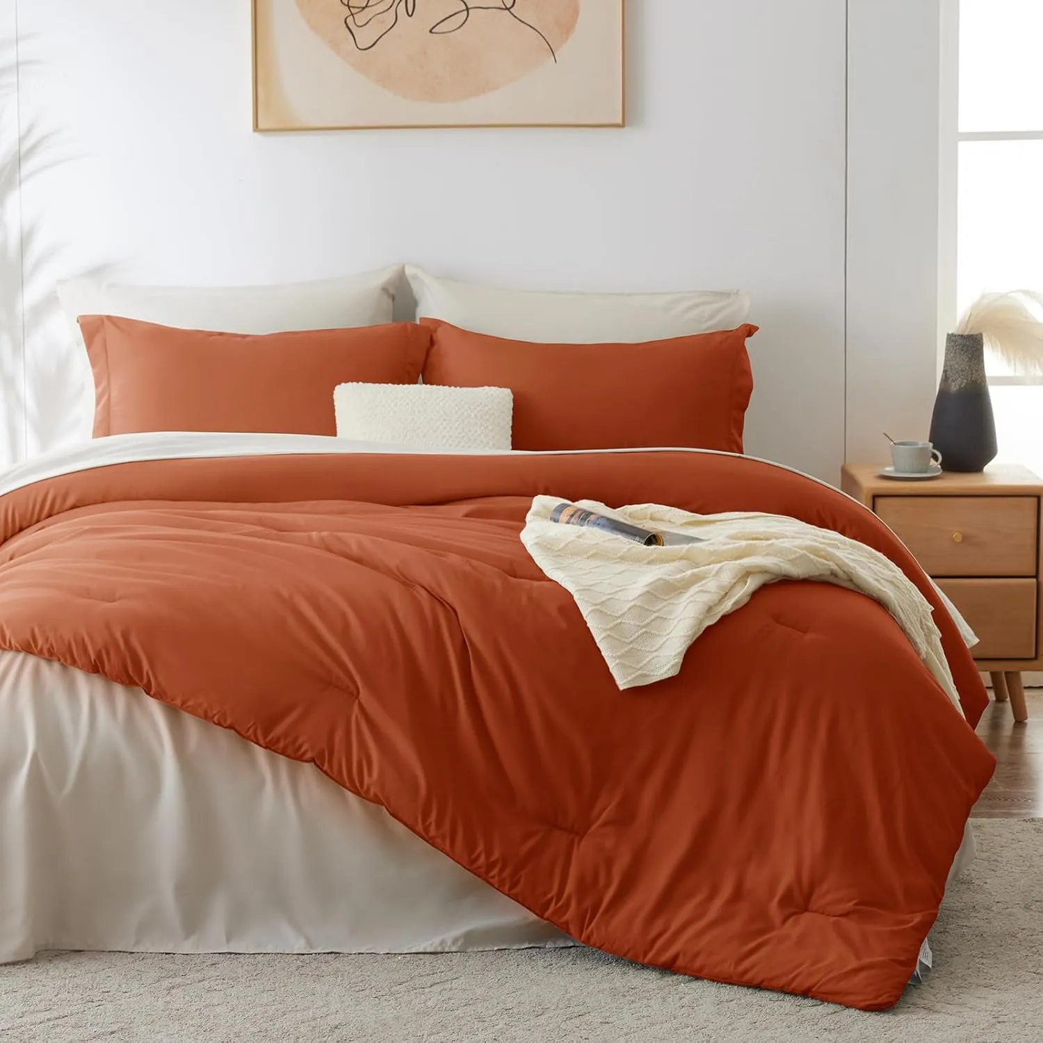CozyLux Burnt Orange Comforter Set Queen 7 Pieces Bedding Set Queen Bed in a Bag with Comforter, Flat Sheets, Fitted Sheet, Pillowcases & Shams, Bed Set Queen Boho Contrasting Design Orange and Beige