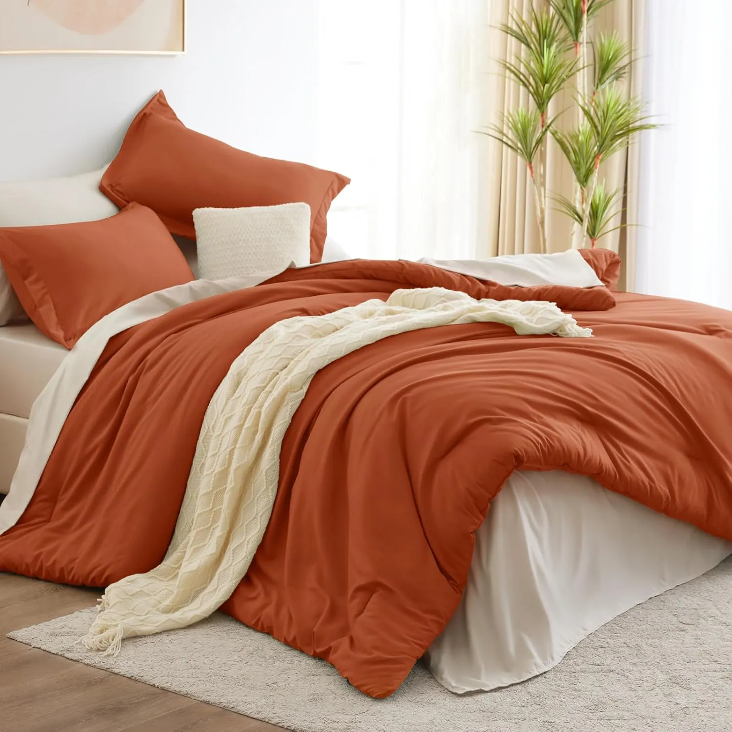 CozyLux Burnt Orange Comforter Set Queen 7 Pieces Bedding Set Queen Bed in a Bag with Comforter, Flat Sheets, Fitted Sheet, Pillowcases & Shams, Bed Set Queen Boho Contrasting Design Orange and Beige