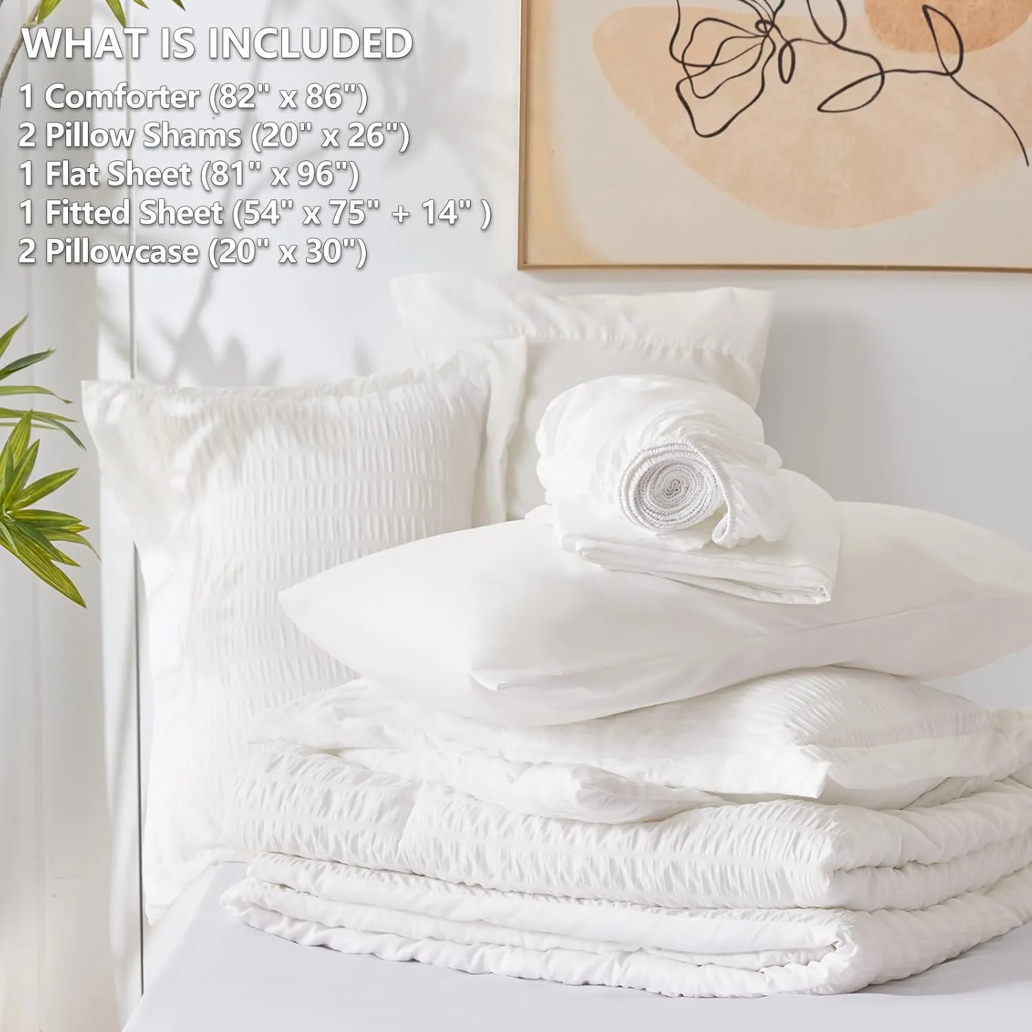 CozyLux Full Bed in a Bag White Seersucker Comforter Set - 7-Piece All Season Bedding with Comforter, Pillow Sham, Flat Sheet, Fitted Sheet and Pillowcase
