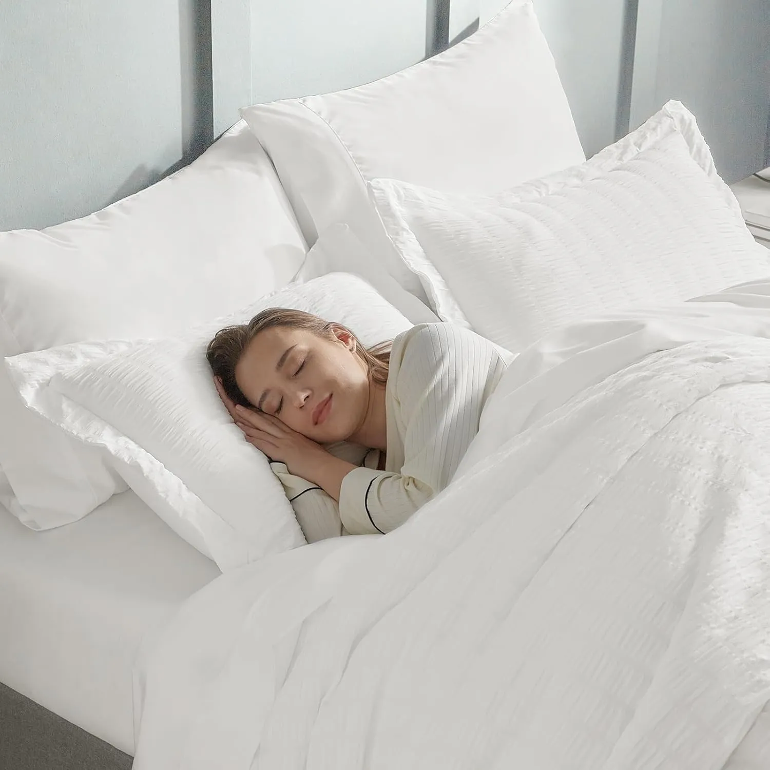 CozyLux Full Bed in a Bag White Seersucker Comforter Set - 7-Piece All Season Bedding with Comforter, Pillow Sham, Flat Sheet, Fitted Sheet and Pillowcase